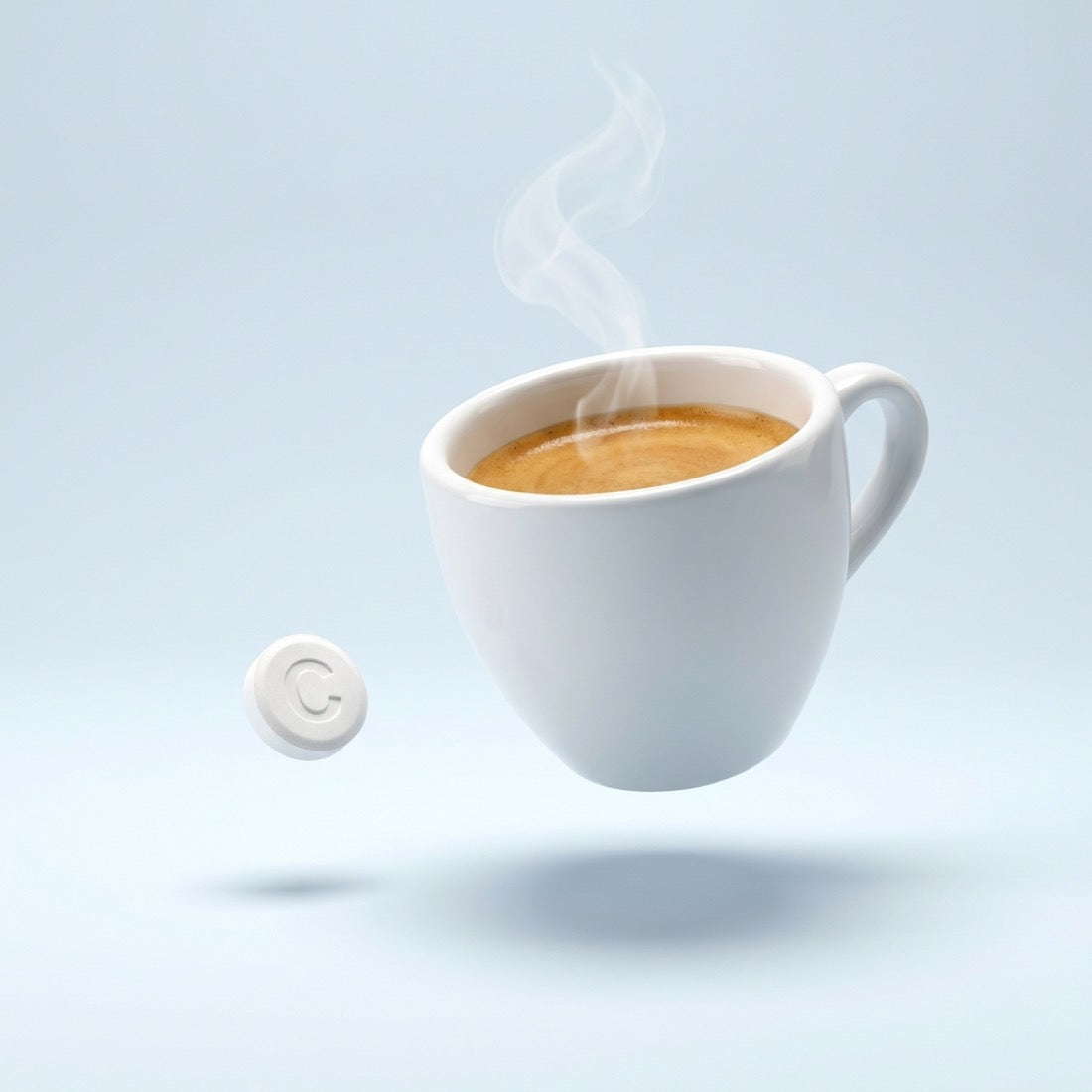 celiMD Daily chew floating beside a steaming espresso cup