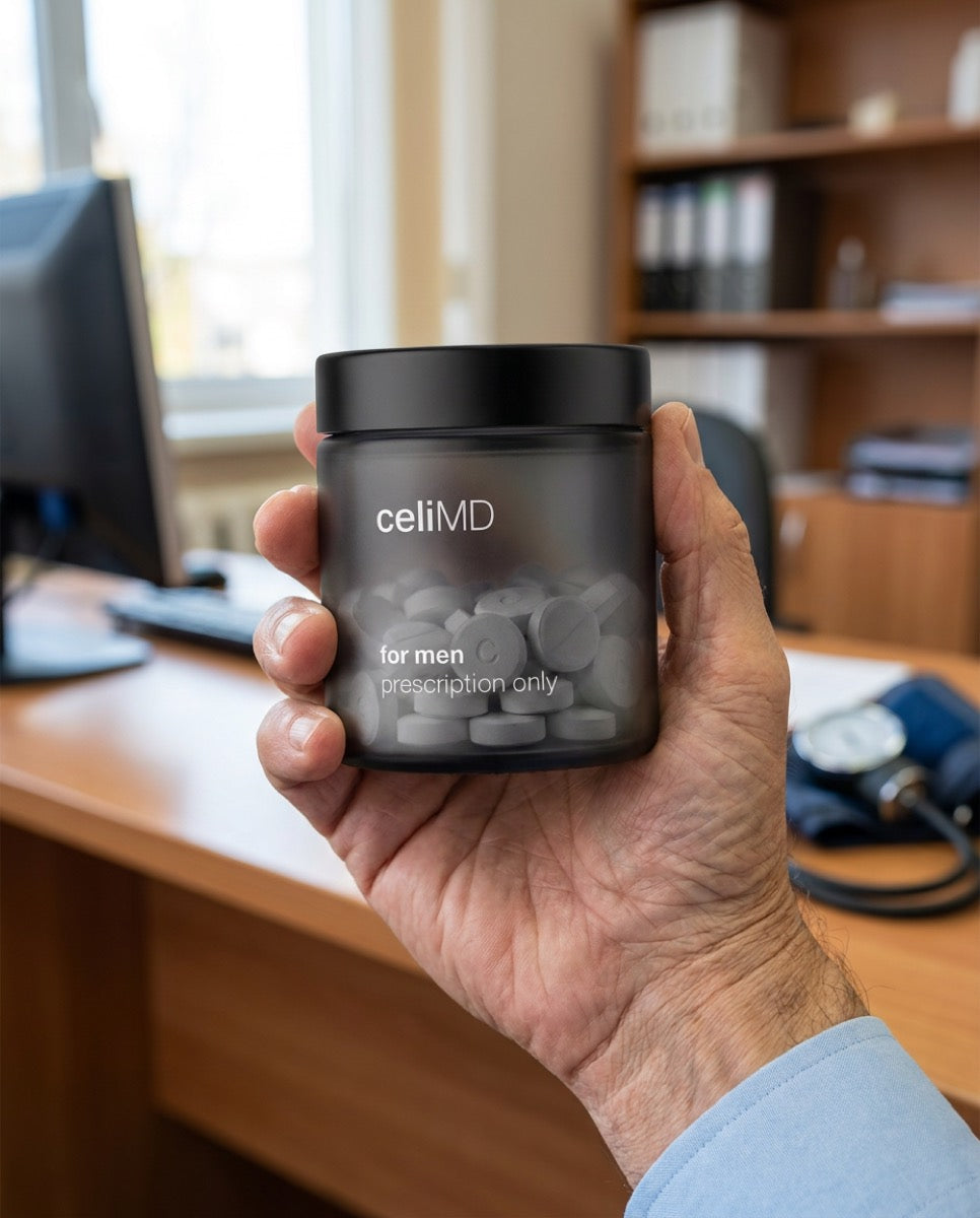 celiMD Daily jar held in hand — for men, prescription only